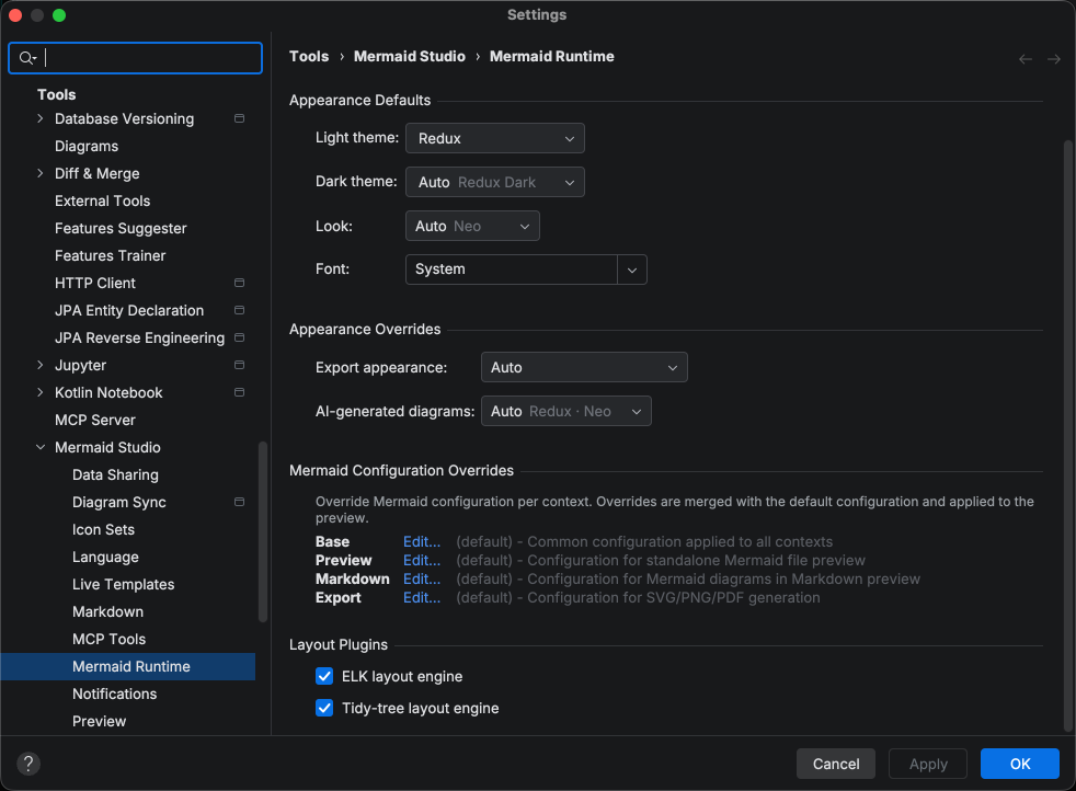 The Appearance Defaults group on the Mermaid Runtime settings page: Light theme Redux, Dark theme Auto (Redux Dark), Look Auto (Neo), and Font System, with the Appearance Overrides for export and AI-generated diagrams below