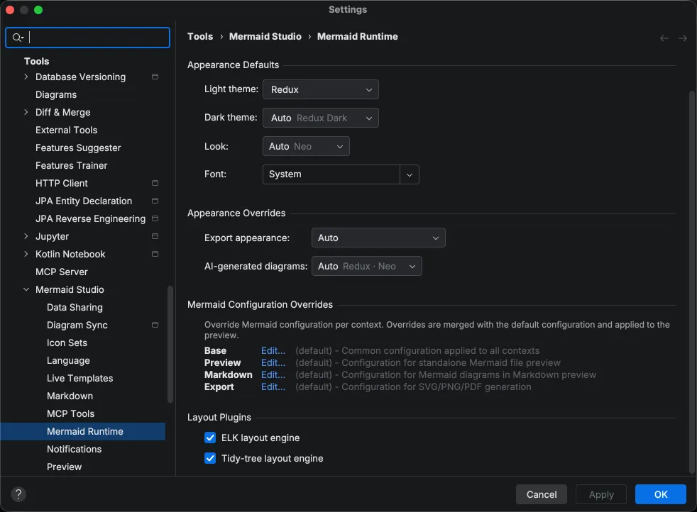 The Appearance Defaults group on the Mermaid Runtime settings page, showing Light theme Redux, Dark theme Auto, Look, Font, and the apply-to-export toggle, with the version set to 11.16.0