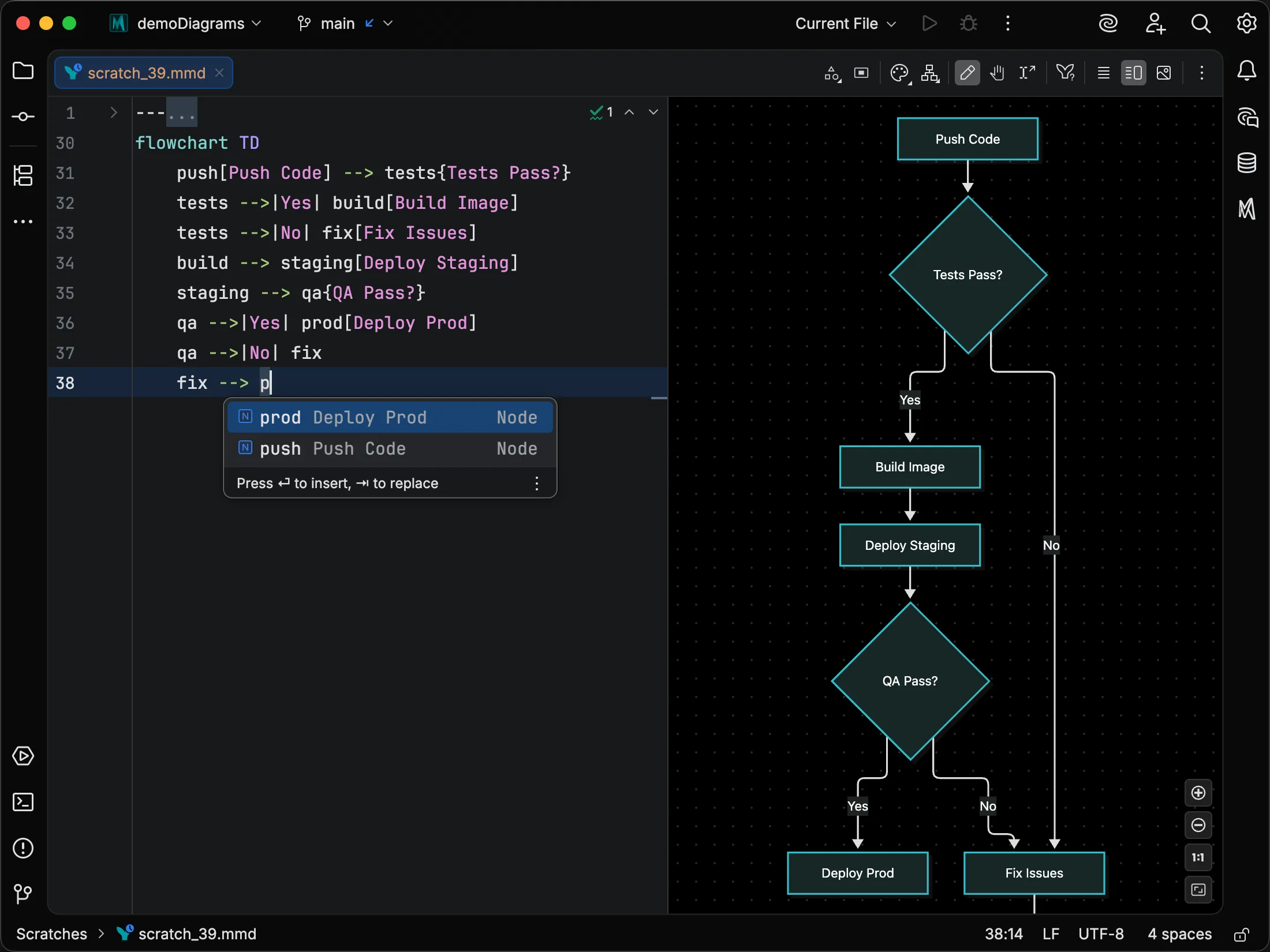 Completion popup on a new flowchart edge listing matching nodes with their labels