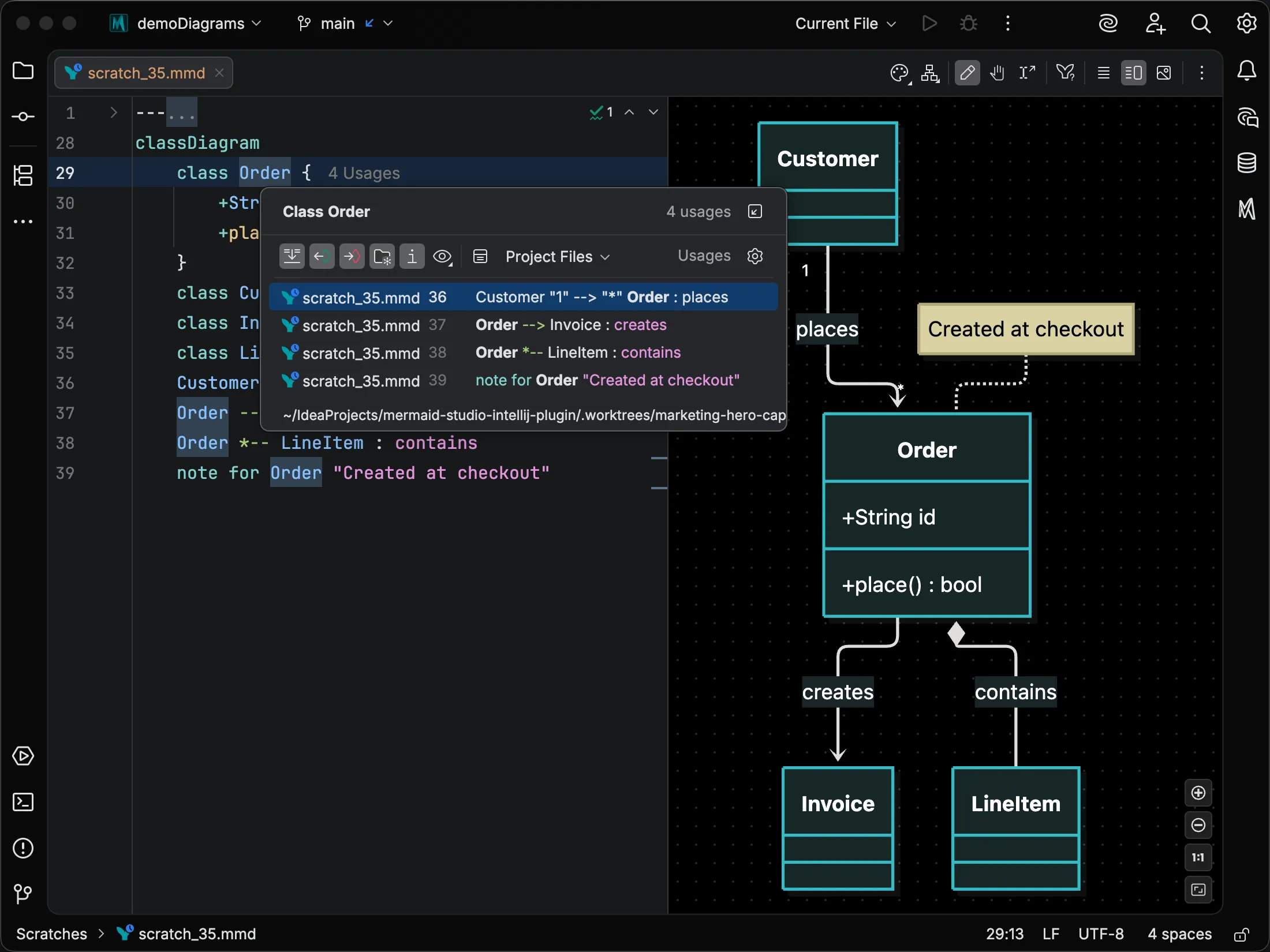 Show Usages popup listing every reference to a class in a class diagram