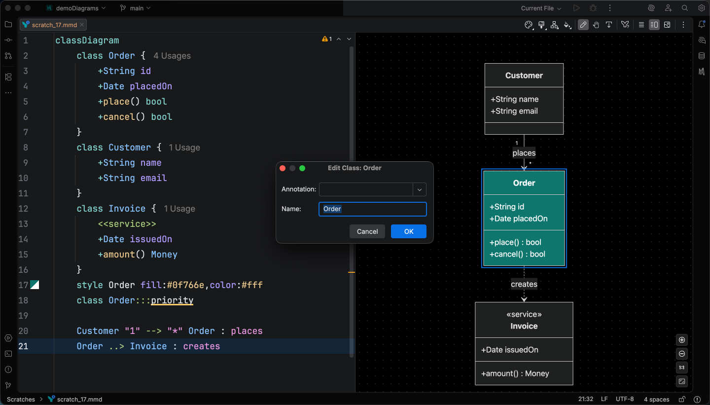 Class editor dialog showing rename and annotation controls open on a class clicked in the preview
