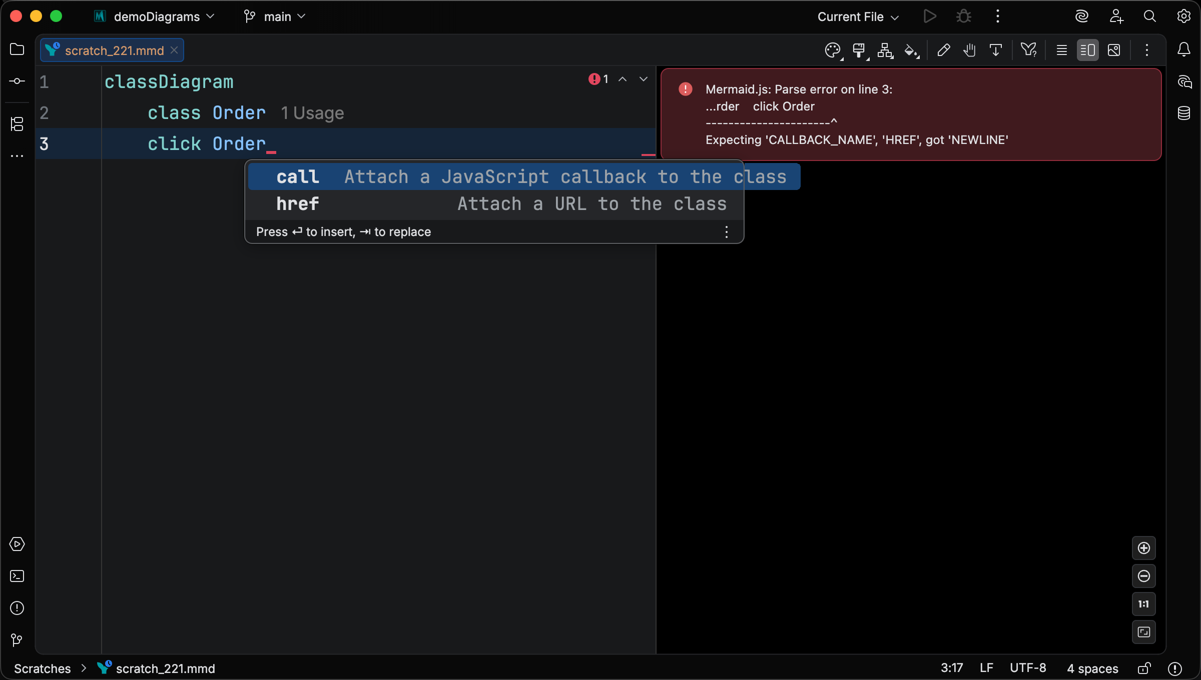Completion popup inside a click statement showing href and call options