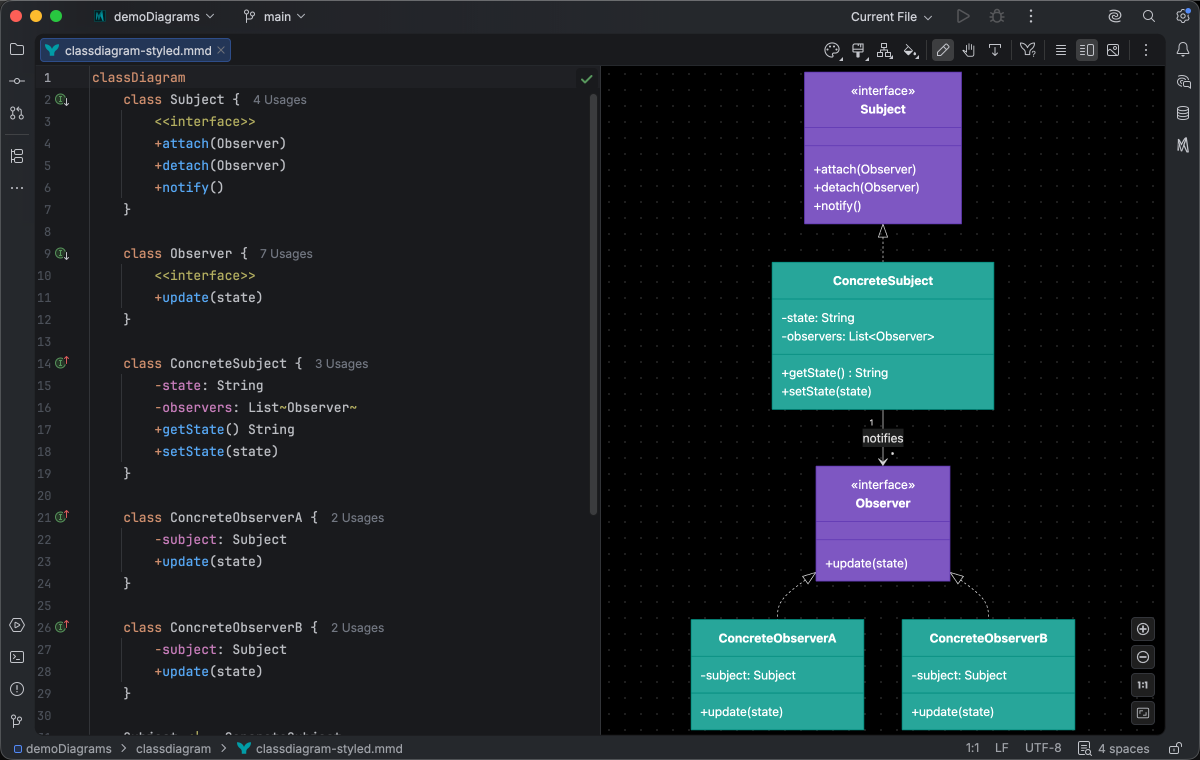Class diagram syntax highlighting in Islands Dark theme