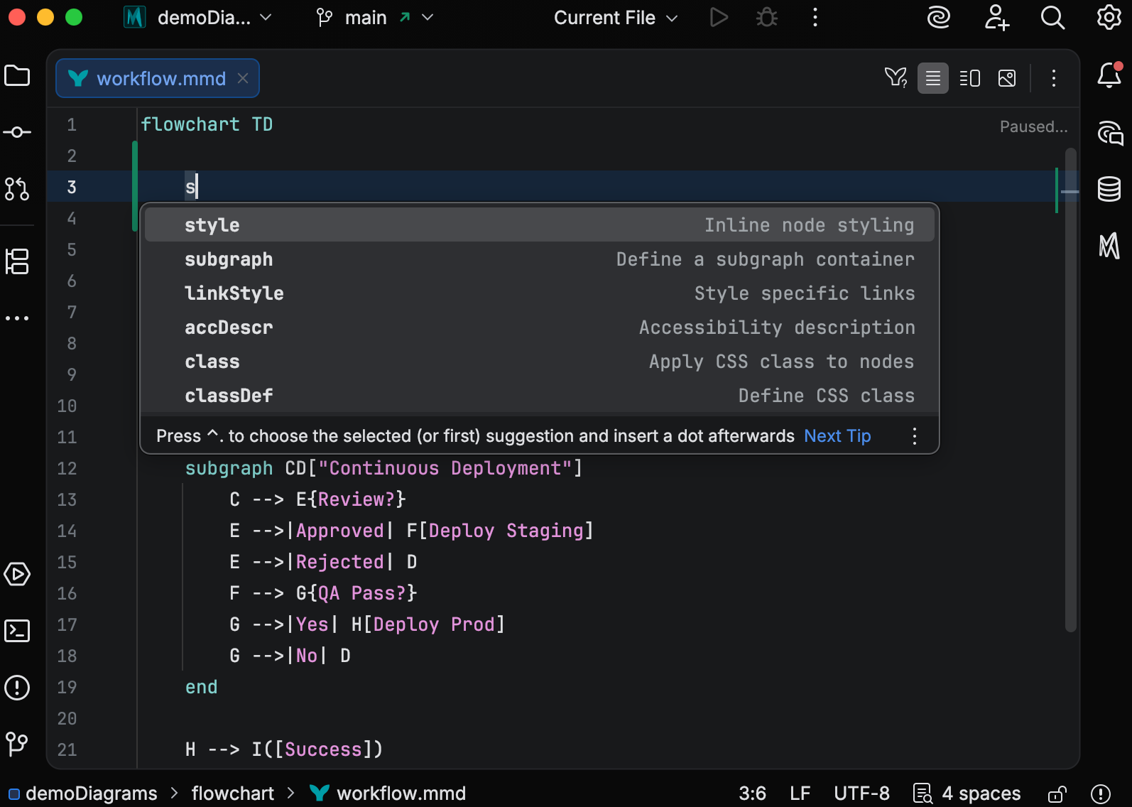 Completion popup suggesting keywords and existing nodes