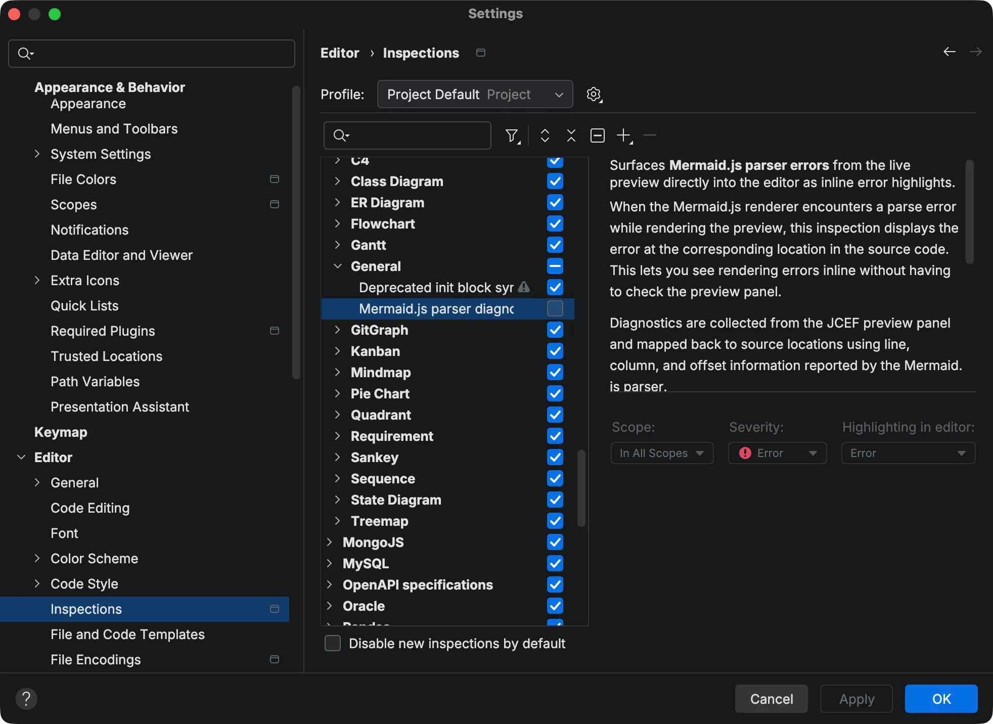 Mermaid.js parser diagnostics inspection
