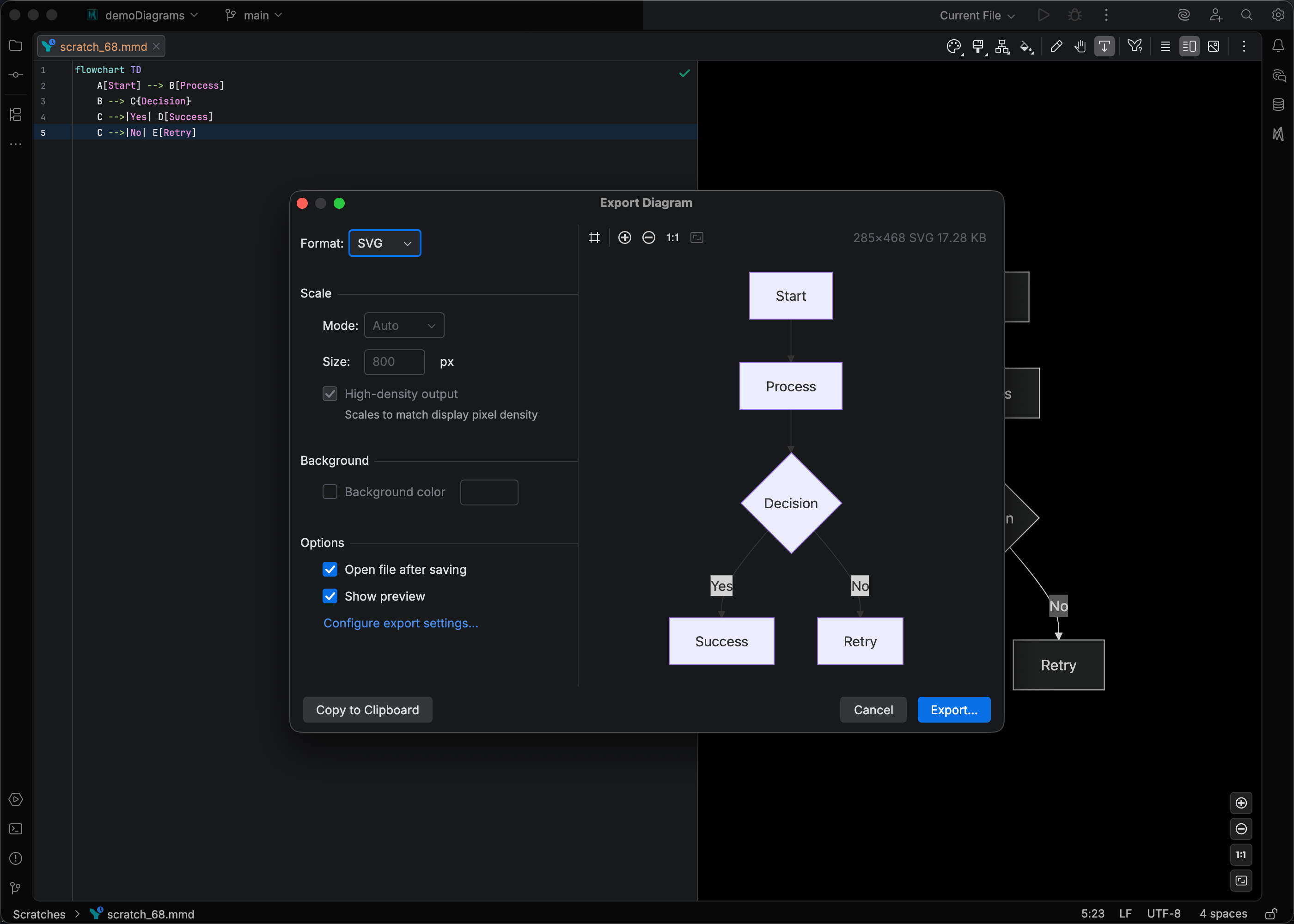 Export dialog with format, scale, and background options