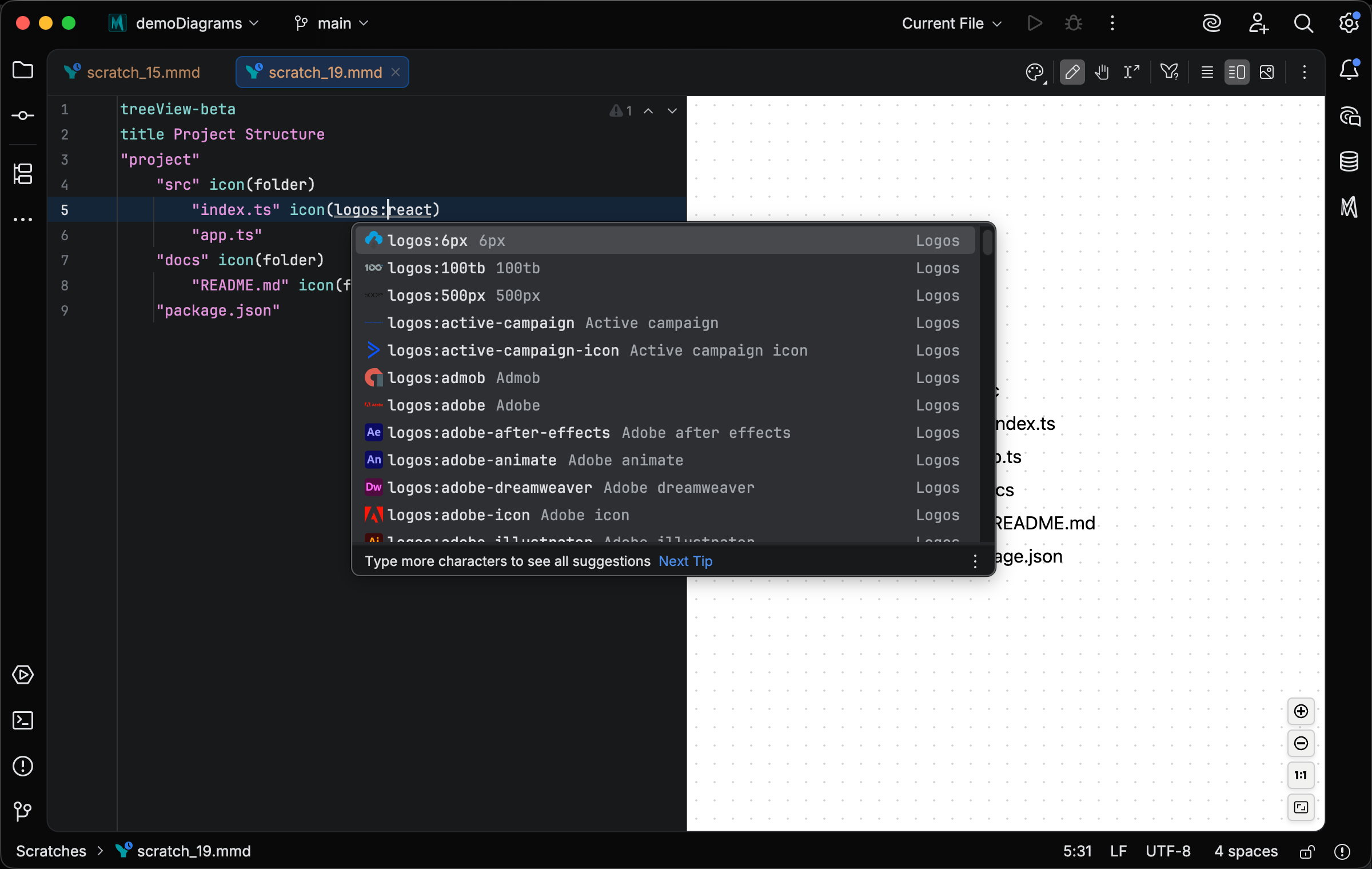 TreeView diagram in the editor with the completion popup open inside icon(logos:), listing logos-pack icons with image previews