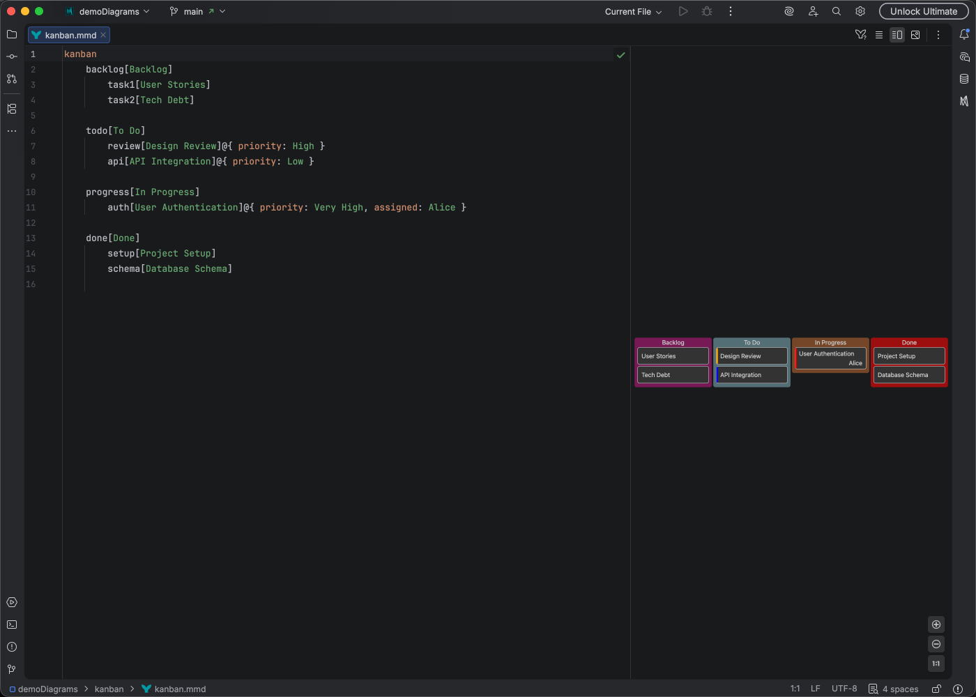 Kanban board syntax highlighting in Islands Dark theme