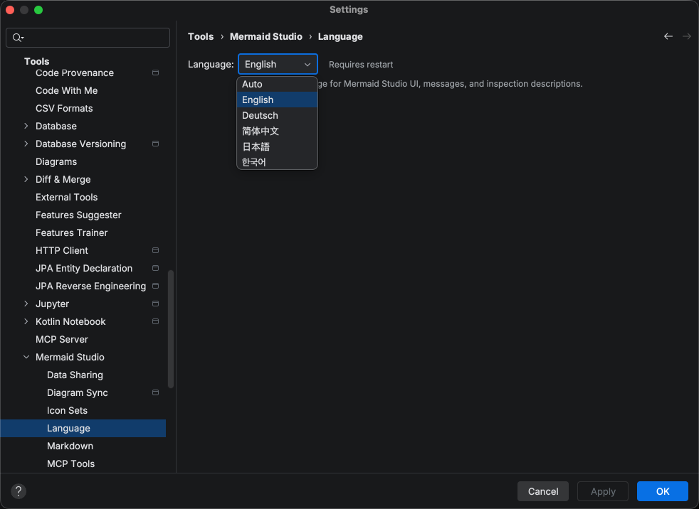 Language settings with German, Japanese, Korean, and Chinese options