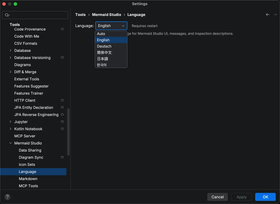 Language settings with dropdown open