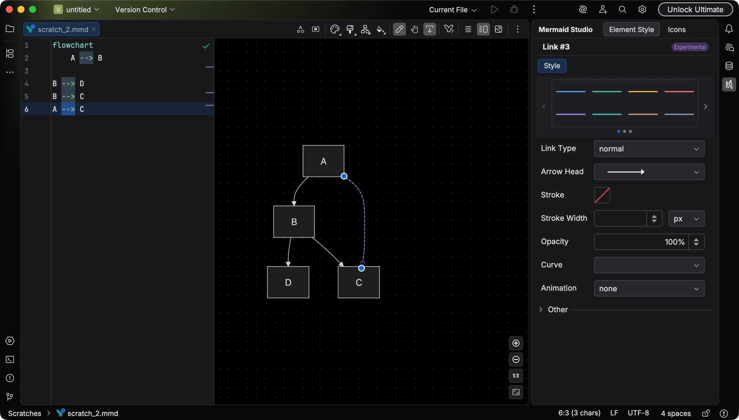 A selected edge with link style properties in the Style Pane