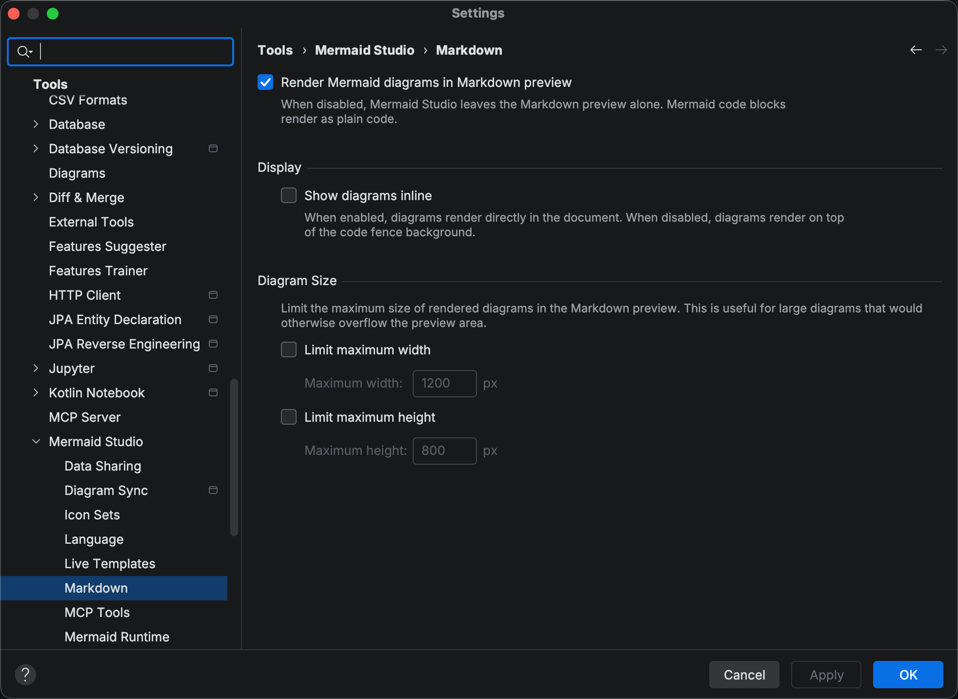 Markdown settings page showing the toggle that disables Mermaid contributions to the platform preview
