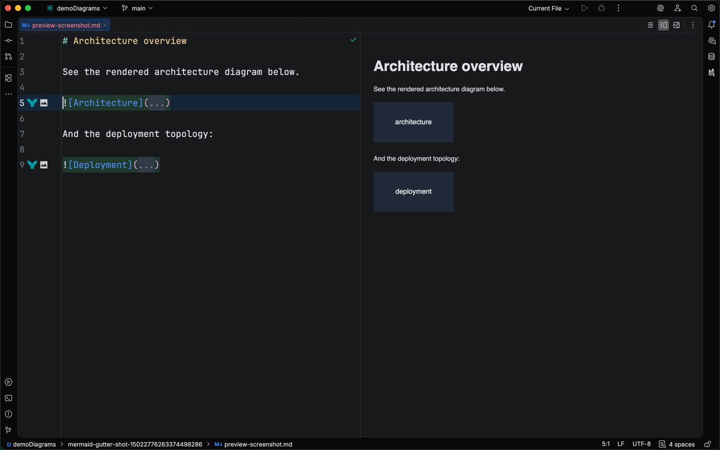 Markdown image link with gutter icon and Go to Mermaid Source action menu open
