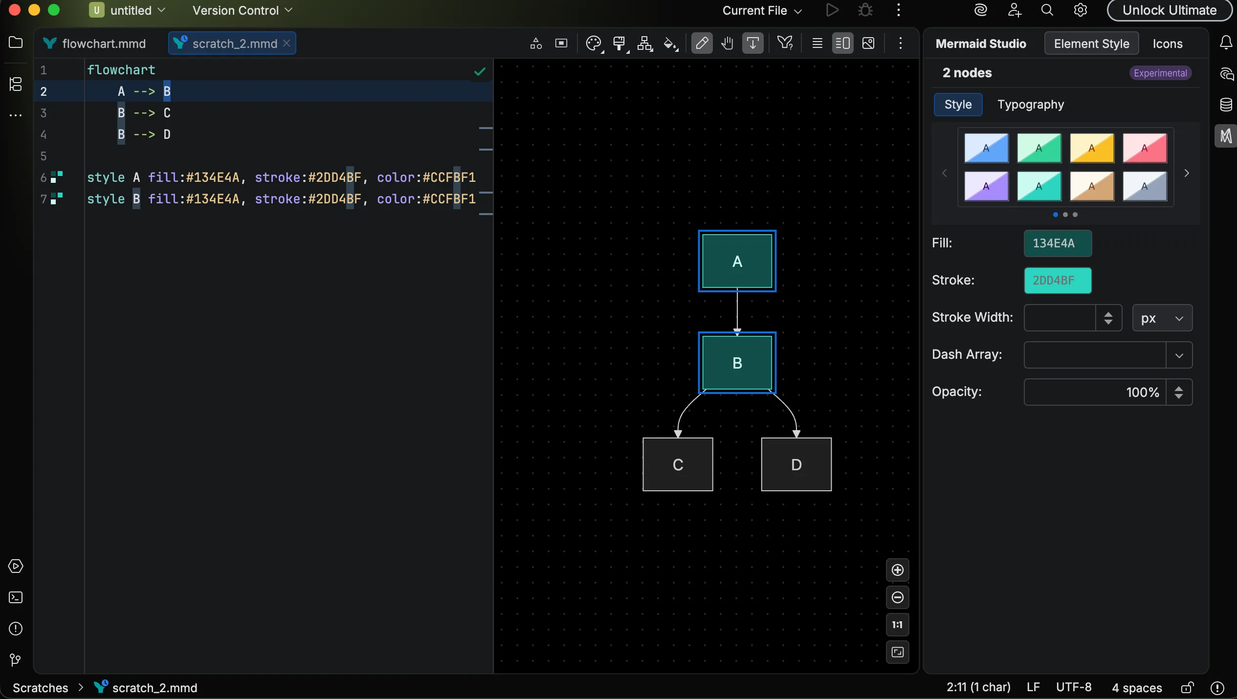 Two nodes selected with shared style properties in the Style Pane