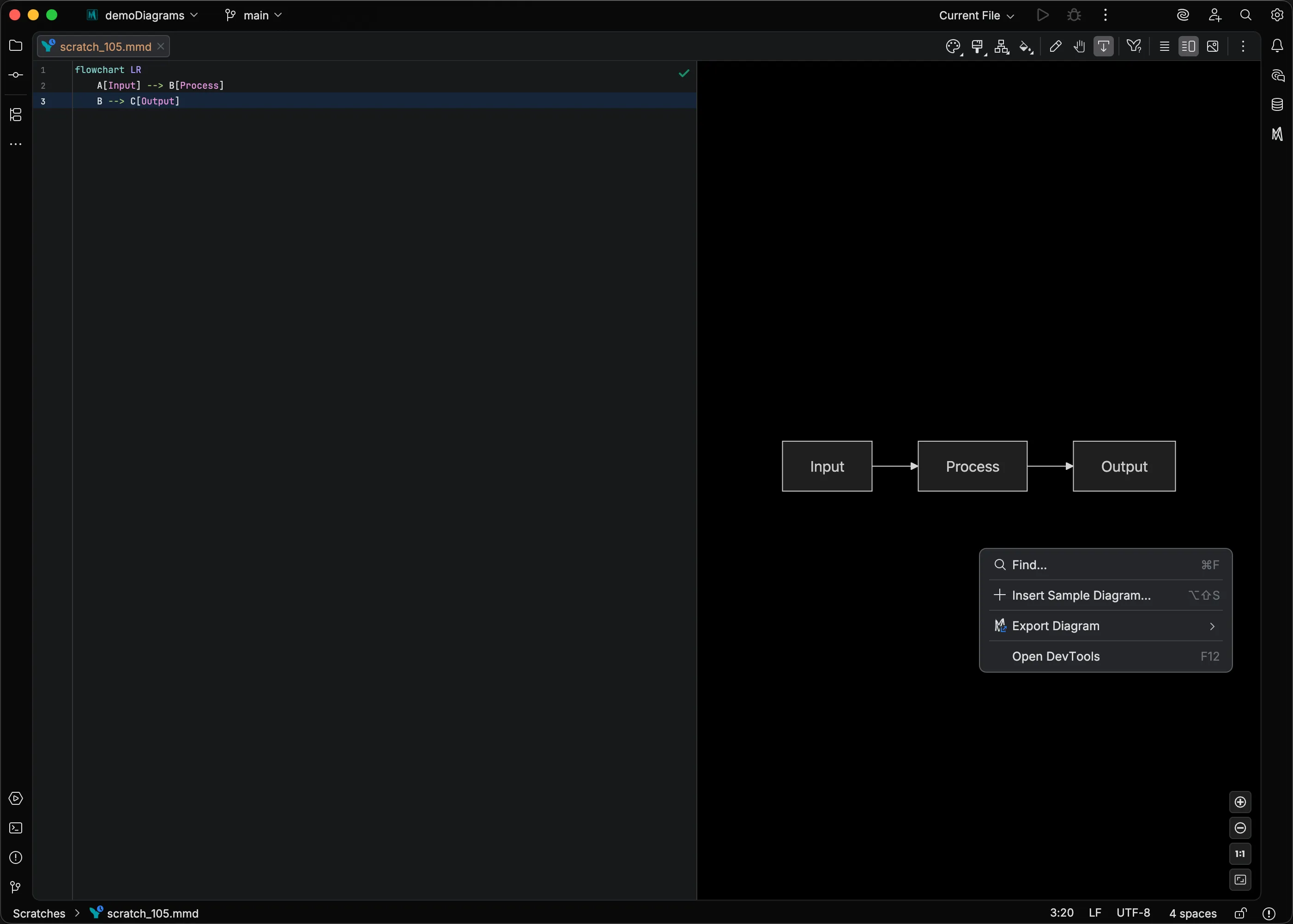 Preview panel right-click menu showing Find, Insert Sample Diagram, Export Diagram, and Open DevTools entries with their keyboard shortcuts
