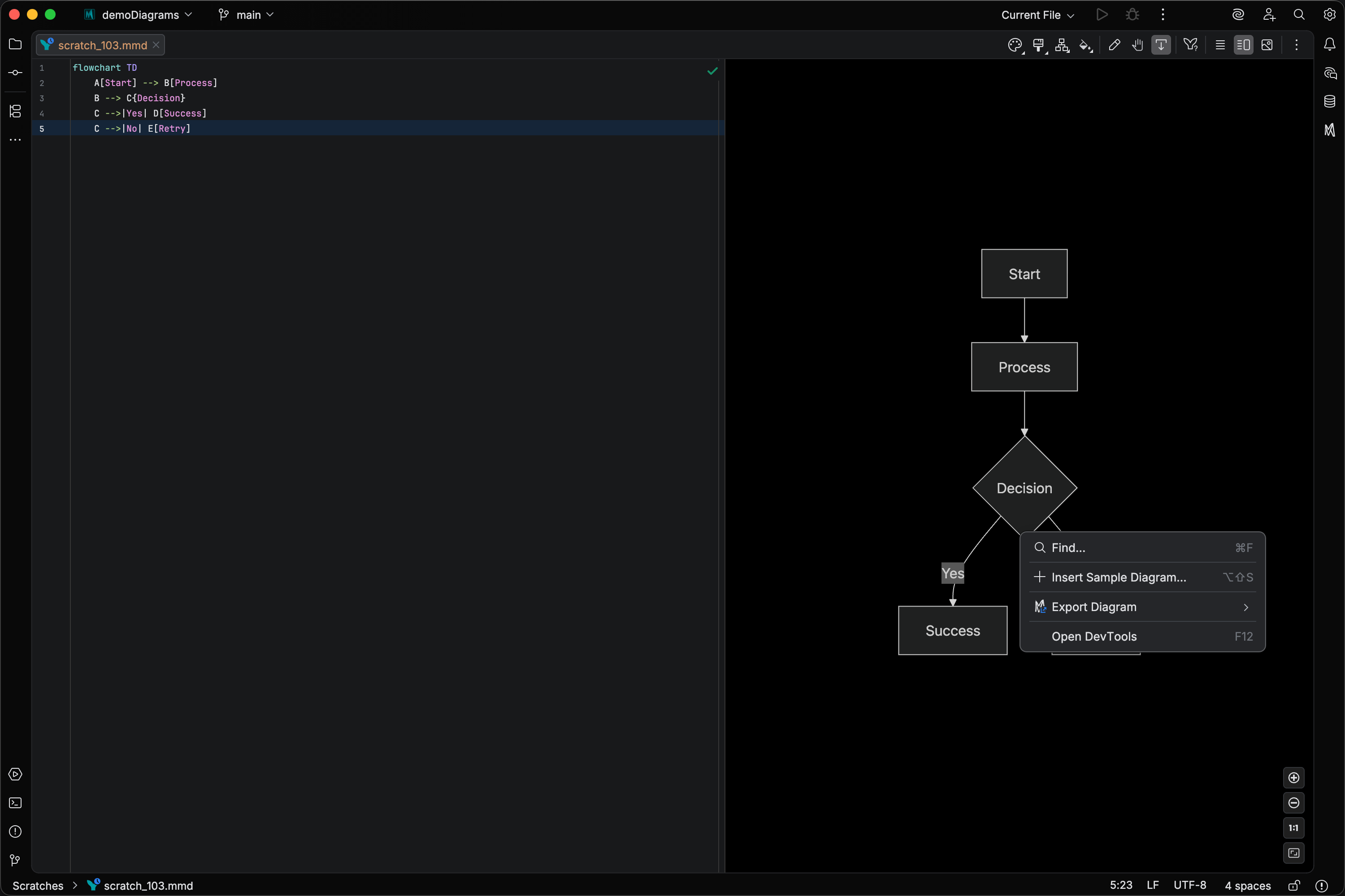 Preview panel right-click menu showing Find, Insert Sample Diagram, Export Diagram, and Open DevTools entries