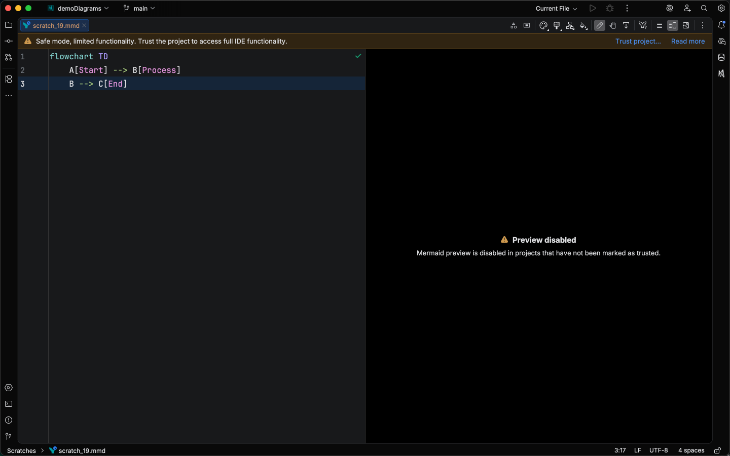 Preview pane in an untrusted project showing the disabled state with a 'Preview disabled: Mermaid preview is disabled in projects that have not been marked as trusted.' prompt