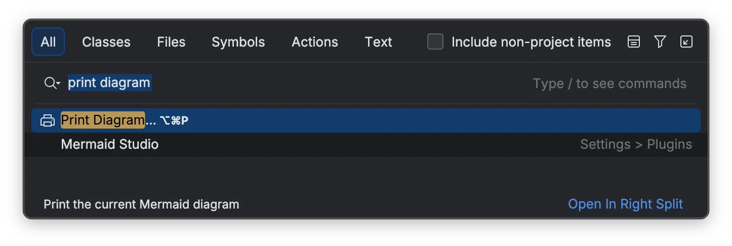 Search Anywhere showing Print Diagram