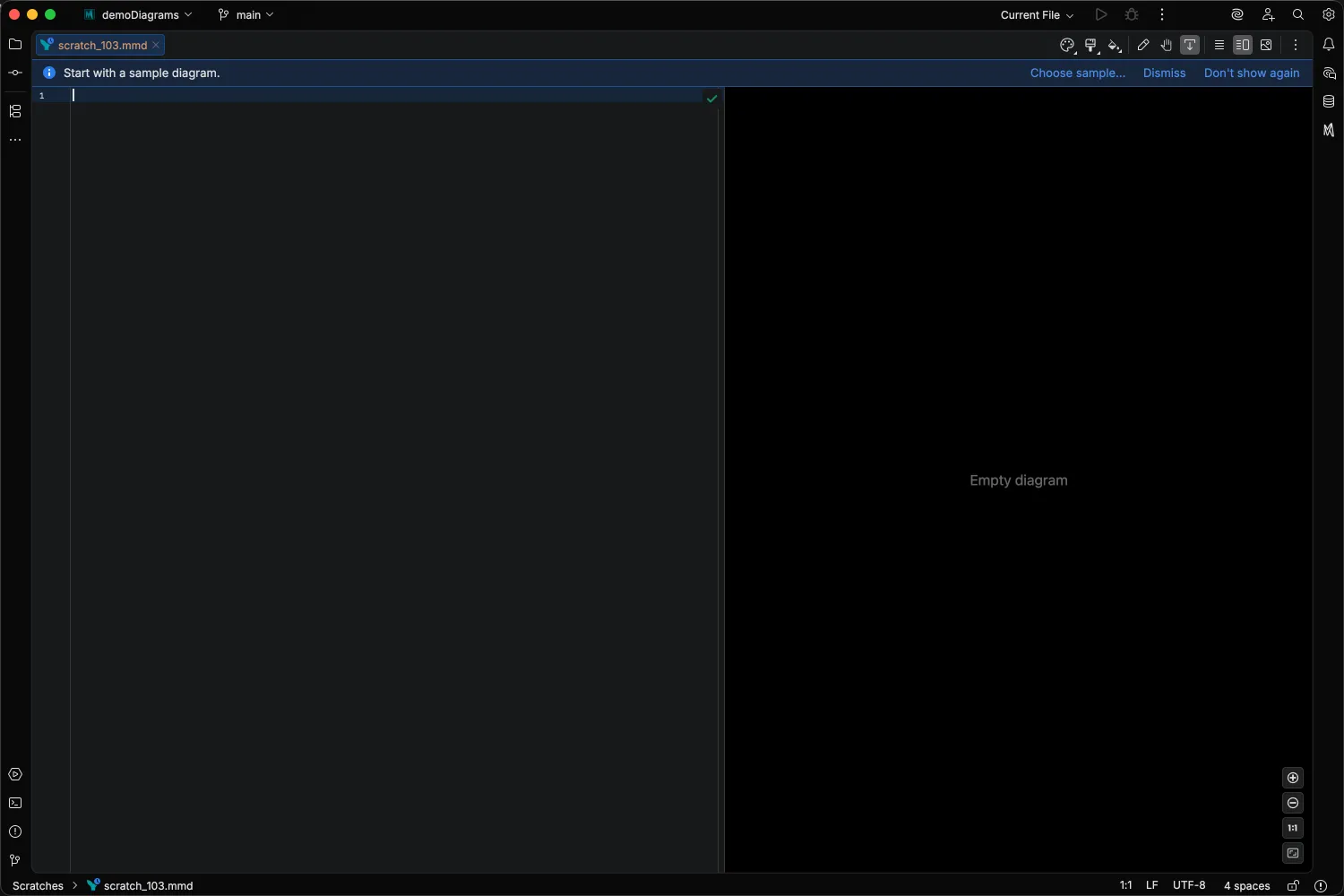 Empty .mmd file with the Start with a sample diagram banner at the top of the editor offering Choose sample, Dismiss, and Don't show again actions