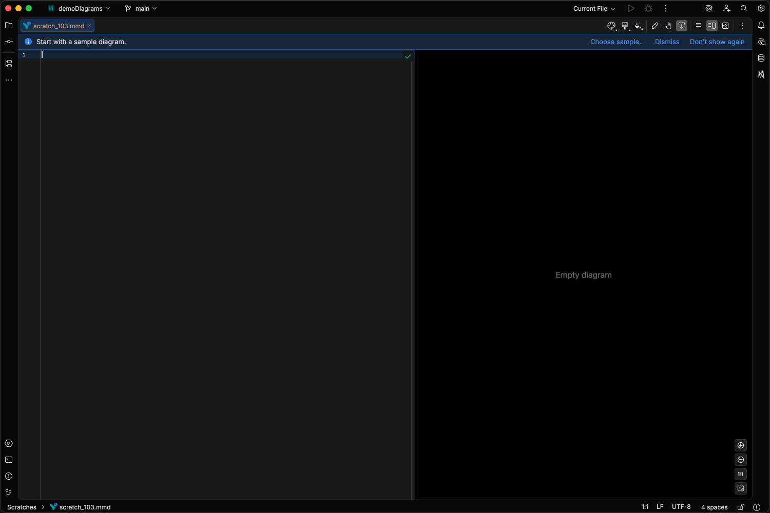 Empty .mmd file showing the Start with a sample diagram banner with Choose sample, Dismiss, and Don't show again actions