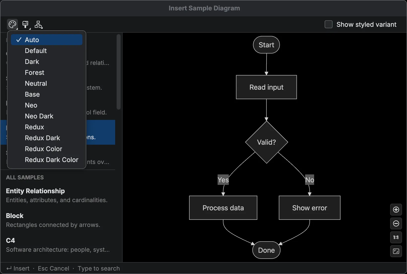 Theme dropdown opened from the picker toolbar listing Auto, Default, Dark, Forest, Neutral, Base, Neo, Neo Dark, Redux, and Redux Dark options