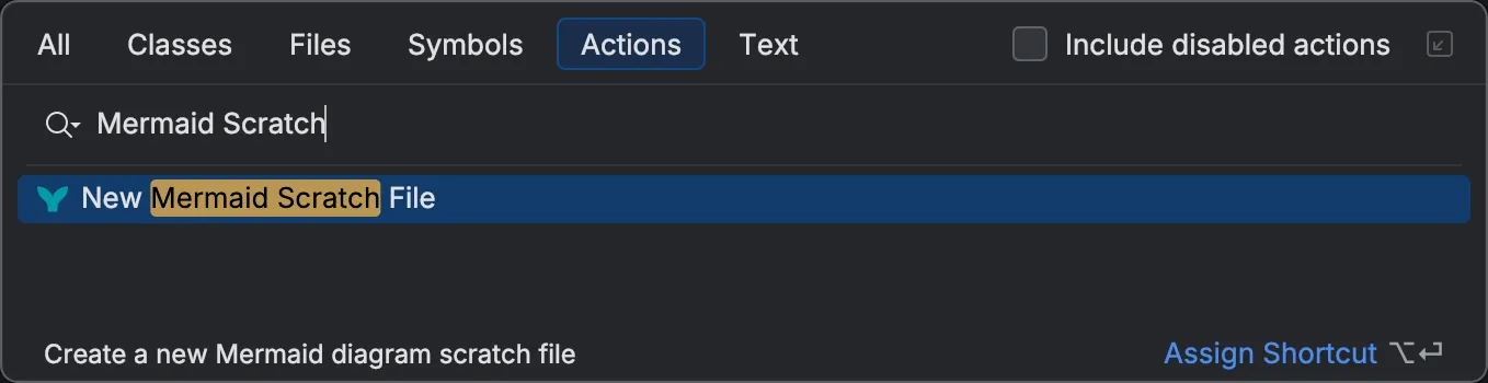 Find Action showing the New Mermaid Scratch File action