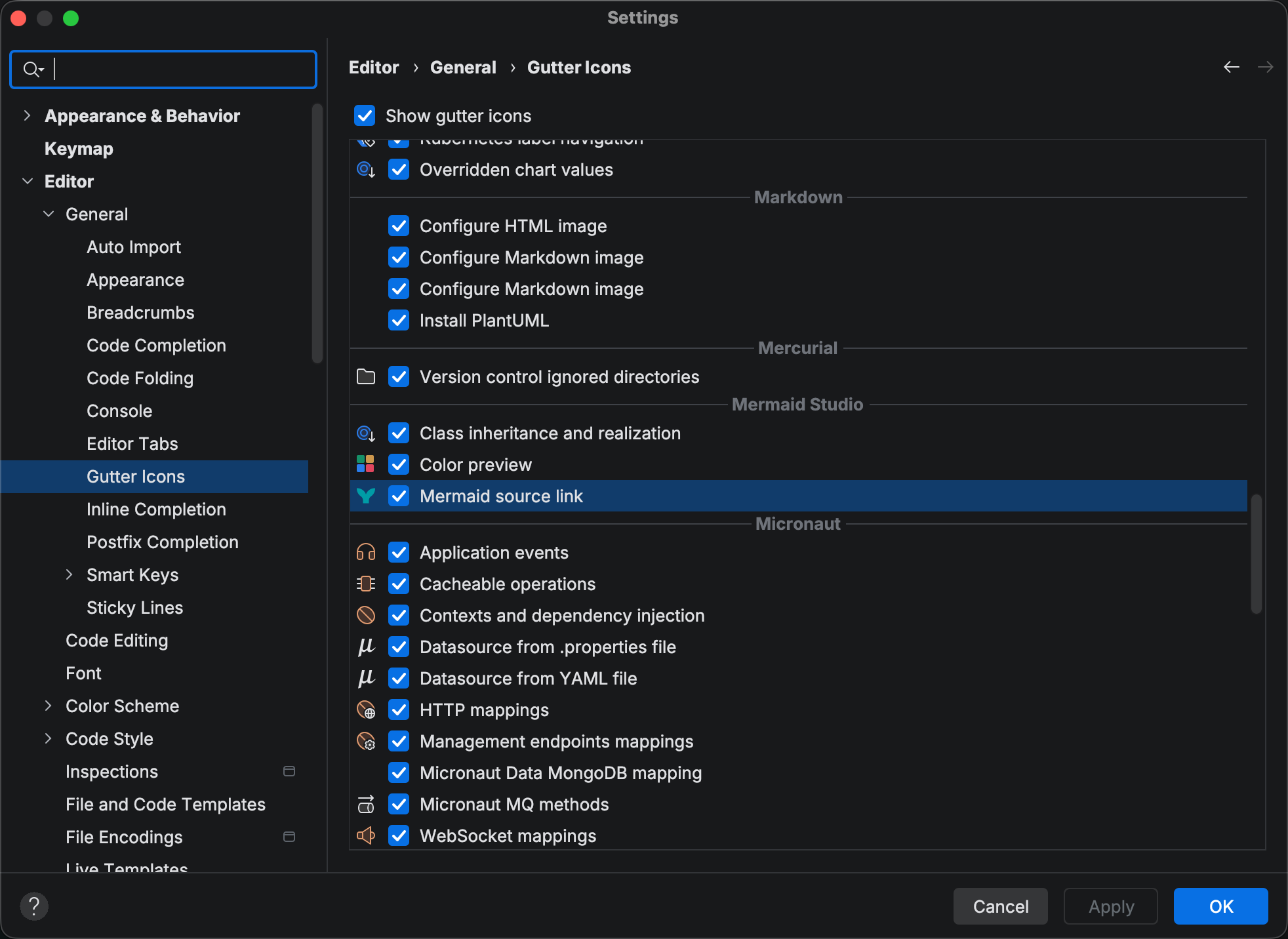 Settings | Editor | General | Gutter Icons page showing the new Mermaid Studio rows