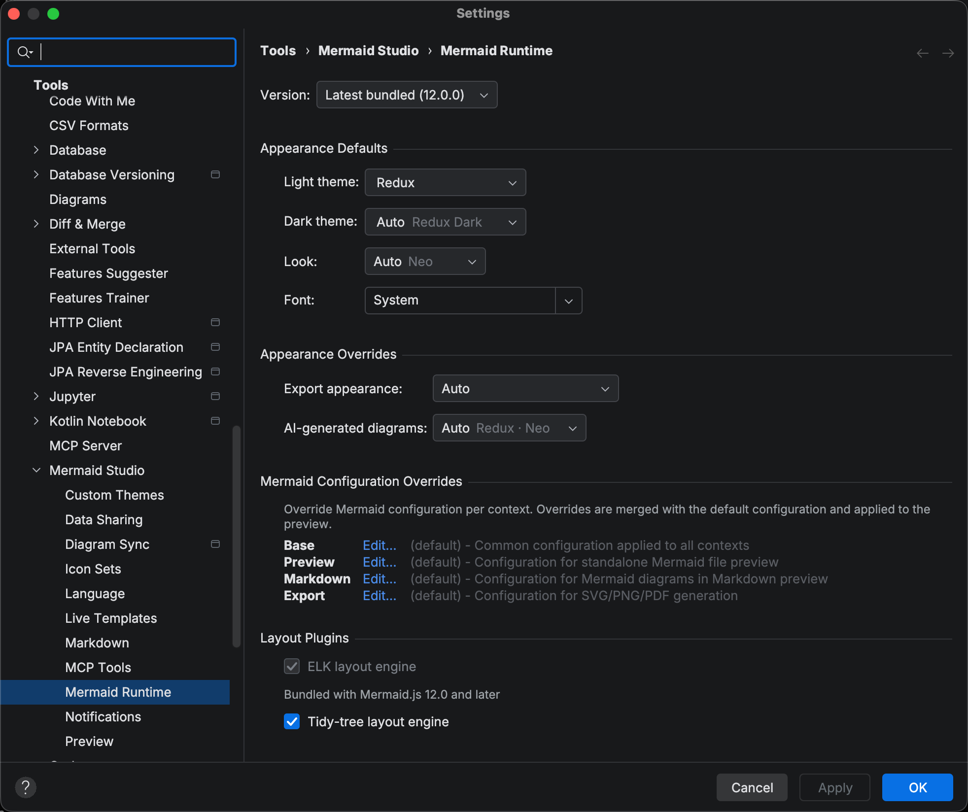 The full Mermaid Runtime settings page: the Version picker set to Latest bundled (12.0.0), then the Appearance Defaults, Appearance Overrides, Mermaid Configuration Overrides, and Layout Plugins groups