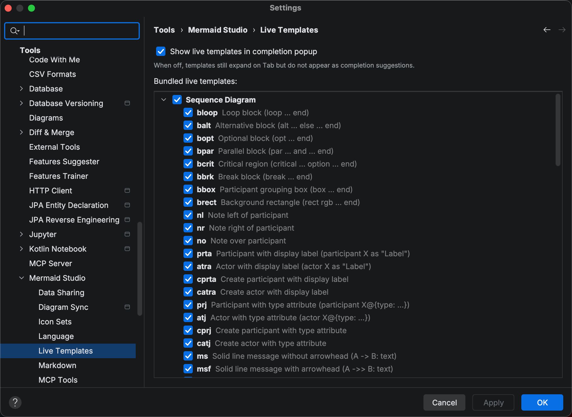 Settings > Tools > Mermaid Studio > Live Templates with the checkbox tree expanded across all four diagram groups (Sequence, Class, State, Requirement) and the Show live templates in completion popup toggle visible above the tree