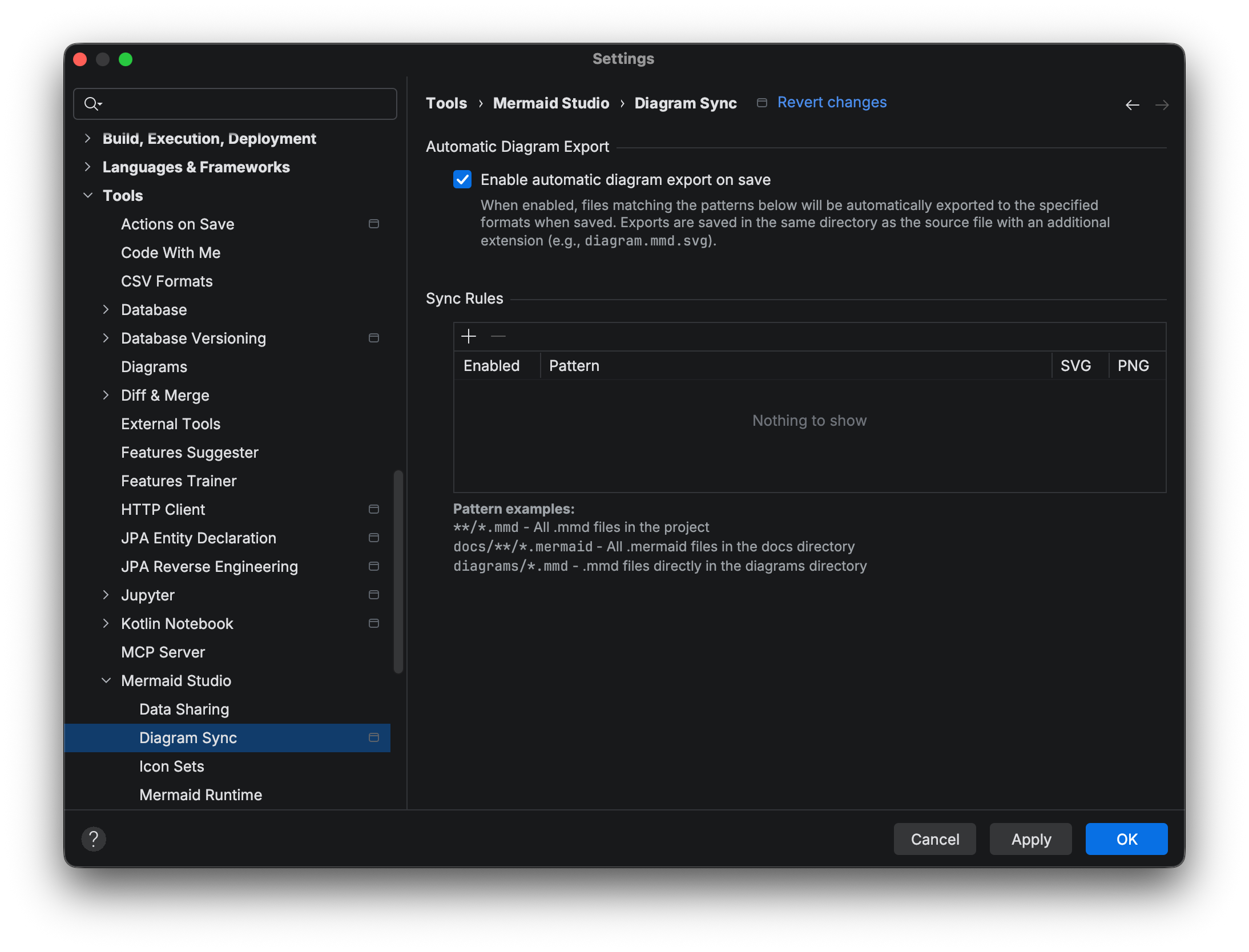 Diagram Sync settings panel with pattern-based export rules