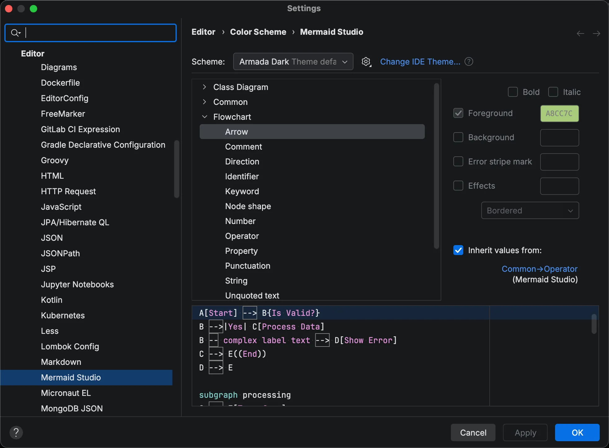 Color Scheme settings on the Mermaid Studio page, with the Flowchart group expanded, its Arrow attribute selected, and the foreground, background, and font-style controls beside the highlighted preview