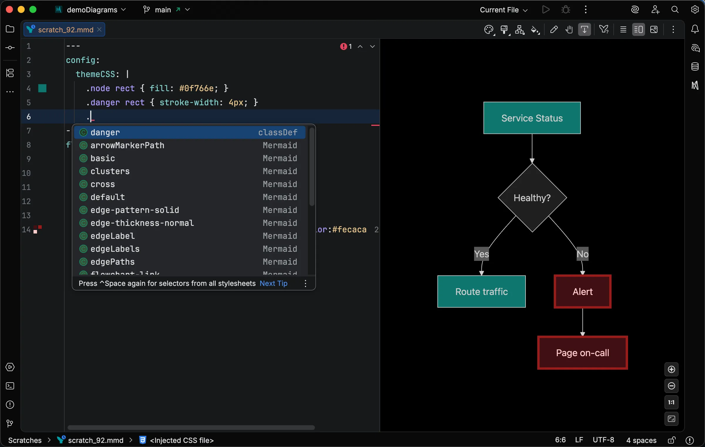 Completion popup showing classDef-declared classes boosted above framework classes from the live preview