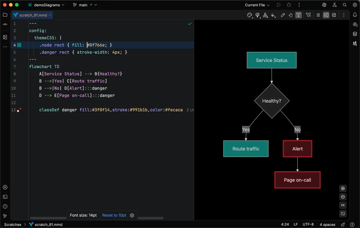 Theme CSS highlighting with colored selectors, properties, and a gutter color swatch