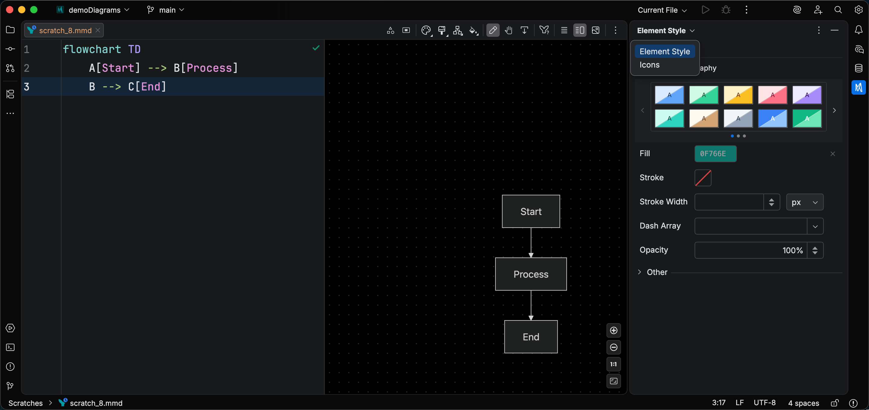 Mermaid Studio tool window with the Style and Icons modes available from a compact combo dropdown
